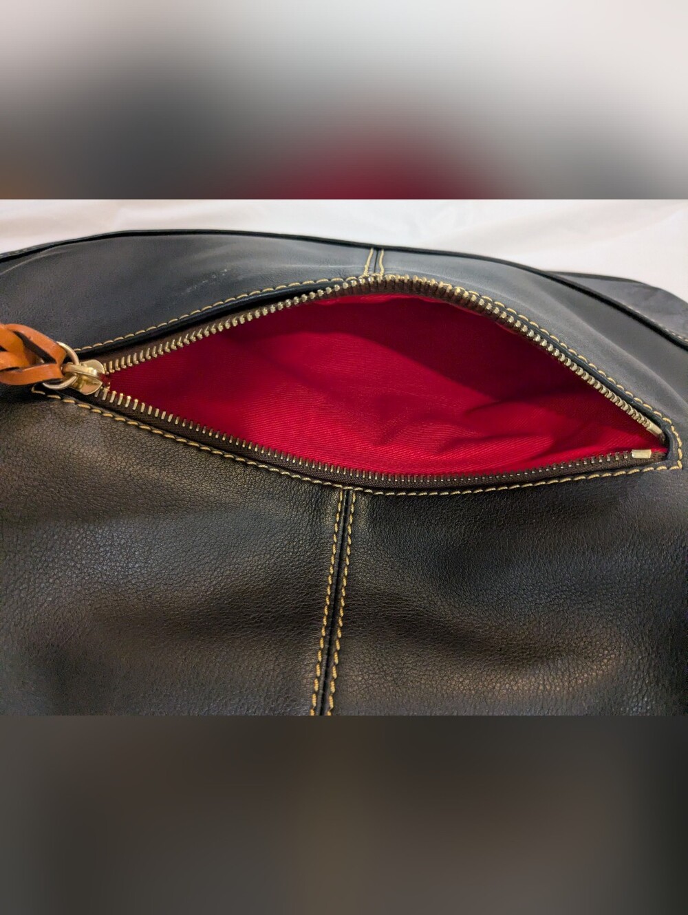 Dooney & Bourke Black Leather Zip-Top Tote with Tan Trim - Picture 11 of 15
